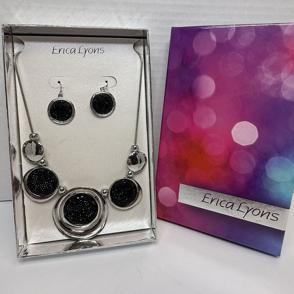 Erica Lyons Silver Tone Metal & Black Sparkle Stone Necklace & Earring Set New